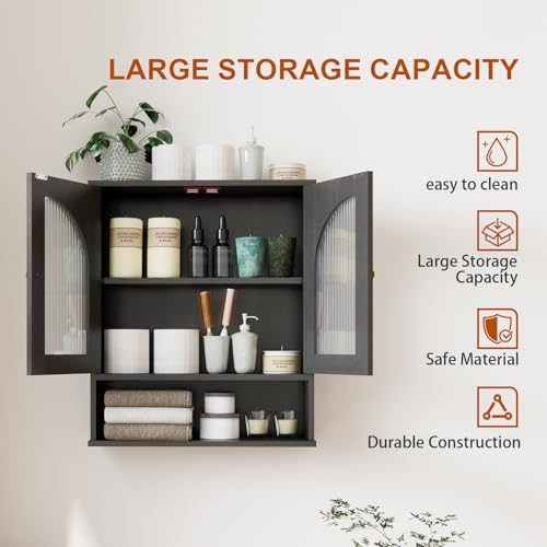 Black Bathroom Cabinet Wall Mounted with Tempered Glass Doors,Wooden Medicine Cabinet with Adjustable Shelf Open Shelf,Over The Toilet Space Saver Storage Cabinet - color: Black With Fluted Glass