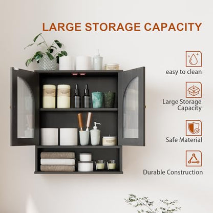 Black Bathroom Cabinet Wall Mounted with Tempered Glass Doors,Wooden Medicine Cabinet with Adjustable Shelf Open Shelf,Over The Toilet Space Saver Storage Cabinet - color: Black With Fluted Glass