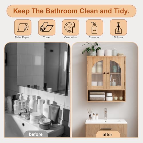 Bathroom Cabinet Wall Mounted with Tempered Glass Doors,Wooden Medicine Cabinet with Adjustable Shelf Open Shelf,Over Toilet Space Saver Storage Cupboard Natural Oak - color: Natural Oak