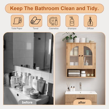 Bathroom Cabinet Wall Mounted with Tempered Glass Doors,Wooden Medicine Cabinet with Adjustable Shelf Open Shelf,Over Toilet Space Saver Storage Cupboard Natural Oak - color: Natural Oak