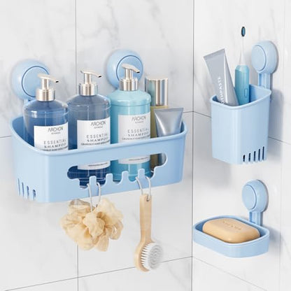 Shower Caddy Suction Cup Set Shower Organizer & Soap Holder, Blue | Toothbrush Holder, Bathroom Shelf Basket NO-Drilling, Removable Shower Storage, Waterproof Bathroom Holder - color: 3 × Blue