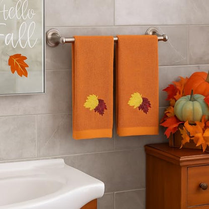 Fall Bathroom Leaf Fingertip Towels: Embroidered Gold Burgundy Leaves on Rust Orange, 2 Piece Bath Set, 12 x 18 Inches Each - color: Rust
