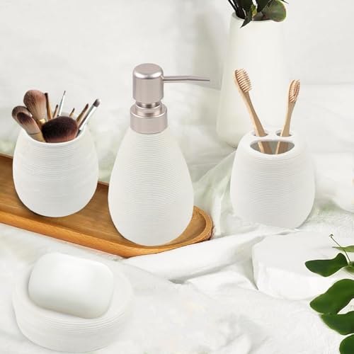 CERBIOR Bathroom Accessories Set,4 PCS Ceramic Bath Accessory,White | Includes Toothbrush Holder, Toothbrush Cup, Soap Dish for Decorative Countertop and Housewarming Gift - style: White
