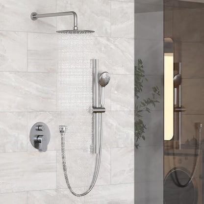 MONDAWE 9 Inch Wall Mounted Shower Faucet Set in Brushed Nickel, Rainfall Shower Head with 3-Setting Handheld Spray Shower Set Combo, High Pressure Shower System with Solid Brass Valve - color: Brushed Nickel, style: 9 IN - Without Tub Spout