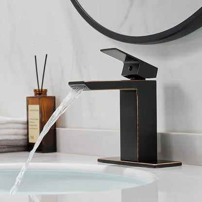 RUMOSE Bathroom Faucets 1 & 3 Hole Vanity Faucet with Drain Bronze | Single Handle Bathroom Sink Faucet Set Waterfall Spout Kit with Deck Plate Rv Lavatory Basin Faucet, Stainless Steel - color: Oil Rubbed Bronze
