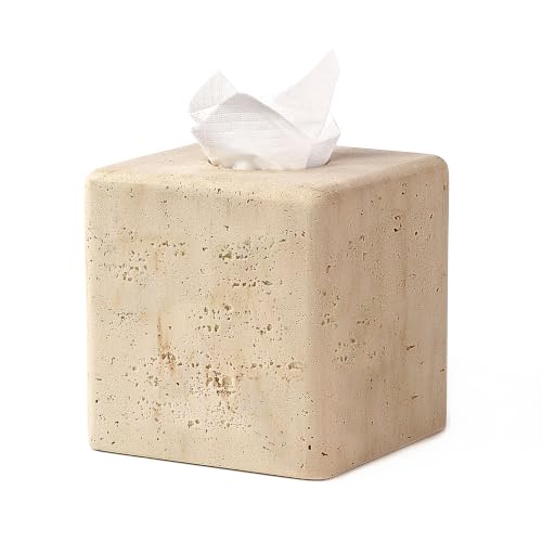 Resin Tissue Box Cover, Travertine Look, Square Holder | Decorative square tissue holder for bathroom vanity, nightstand, living room, office, and countertop use - color: Yellow
