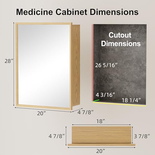 20x28 Inch Wood Medicine Cabinet with Mirror for Bathroom, Oak Finish | Recessed or Wall Mounted Cabinets, Adjustable Shelf, Soft-close Hinges, HD Reflection, Reversible Installation - size: 20x28