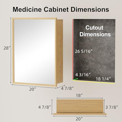 20x28 Inch Wood Medicine Cabinet with Mirror for Bathroom, Oak Finish | Recessed or Wall Mounted Cabinets, Adjustable Shelf, Soft-close Hinges, HD Reflection, Reversible Installation - size: 20x28