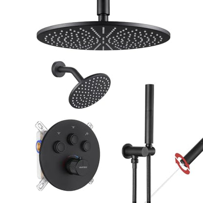 VANFOXLE Thermostatic Shower Faucet Set Matte Black Shower System | Push Button Diverter, 12 Inch Ceiling Mount Rain Head Increased Thick, 6 Inch Side Head, 2-in-1 Handheld Sprayer, Modern - color: Matte Black, style: 12 Inch