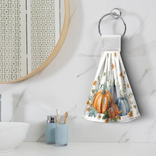 Fall Orange Blue Pumpkin Kitchen Hanging Towels Set of 2 Autumn Eucalyptus Maple Leaves Hand Towels with Hanging Loop Thanksgiving Dish Washcloth Soft Absorbent Bath Tie Towel - color: Orange Blue Pumpkin
