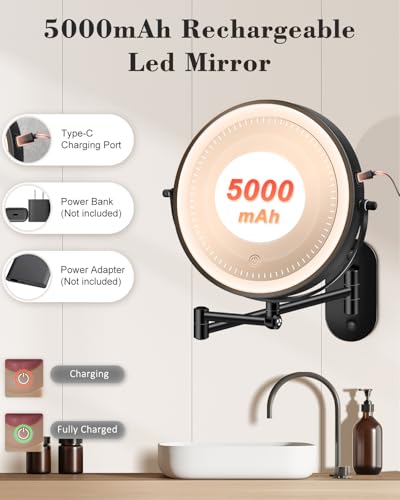 20X 9" Wall Mounted Magnifying Makeup Mirror with Light Height Adjustable | 5000mAh Double Sided Rechargeable LED Lighted Vanity Mirror with Magnification 3 Color Light up Extended Arm 360 Rotation - color: 9inches-black
