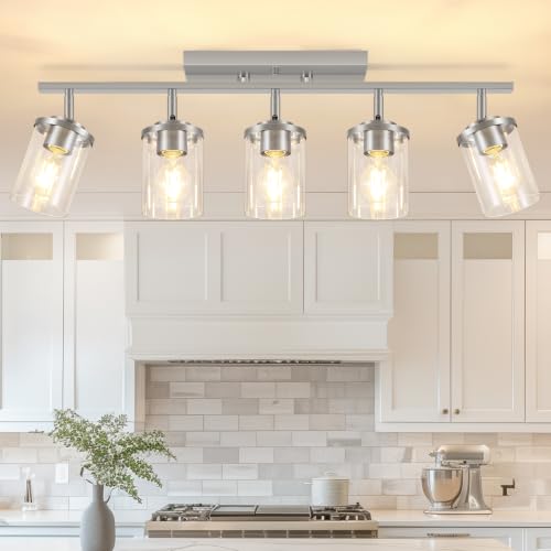FadimiKoo 5-Lights Brushed Nickel Track Ceiling Light Fixtures, Modern Close to Ceiling Light with Clear Glass Shade, Large Hallway Lighting Fixtures for Dining Room Kitchen Living Room - color: Brushed Nickel, size: 5-Lights