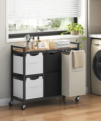 HOOBRO Laundry Sorter with 4 Section, 39 Gal. (147 L) Laundry Hamper with Wheels, Rolling Laundry Basket with Shelf, Pull-Out Detachable Bags, Side Pockets, Rustic Brown, Black and Beige BFE14XY01N1 - color: Rustic Brown + Black + Beige + Gray