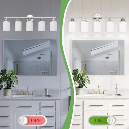 5-Light Brushed Nickel Vanity Lights, Bathroom Light Fixtures with Textured Milky White Glass Shade, Modern Bathroom Lighting Fixtures Over Mirror Wall Sconce Light - E26 Base - color: Nickel, size: 31.4 Inch : 5-Light