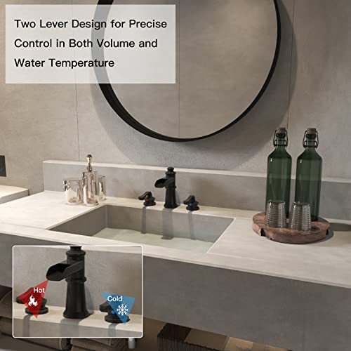 BWE Oil Rubbed Bronze Widespread Waterfall Bathroom Faucet, 3-Hole, Brass | Waterfall Spout, Dual Handle, 3-Hole 8-16 Inch Adjustable Widespread, Ceramic Cartridge, Pop-Up Drain Included, DIY Install - color: Oil Rubbed Bronze