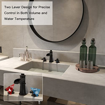 BWE Oil Rubbed Bronze Widespread Waterfall Bathroom Faucet, 3-Hole, Brass | Waterfall Spout, Dual Handle, 3-Hole 8-16 Inch Adjustable Widespread, Ceramic Cartridge, Pop-Up Drain Included, DIY Install - color: Oil Rubbed Bronze