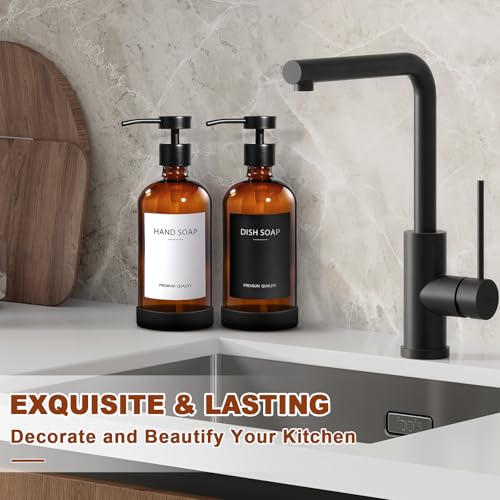 RYTOXILO Amber Glass Soap Dispenser 4 Pack, Hand Soap Dispenser Bathroom with Stainless Steel Pump, 16.9 Fl oz Hand and Dish Soap Dispensers Set Kitchen, Modern Brown Soap Lotion Dispensers Bottle - color: Amber, size: 4 Pack