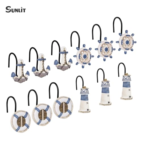Sunlit Nautical Shower Curtain Hooks, Home Decorative Coastal Shower Curtain Rings with Black Hooks for Bathroom, Resin, Ocean Shower Curtain Hanger Hooks for Living Room, Set of 12, Blue Nautical Set - size: Nautical Set With Black Hooks