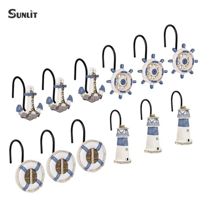 Sunlit Nautical Shower Curtain Hooks, Home Decorative Coastal Shower Curtain Rings with Black Hooks for Bathroom, Resin, Ocean Shower Curtain Hanger Hooks for Living Room, Set of 12, Blue Nautical Set - size: Nautical Set With Black Hooks