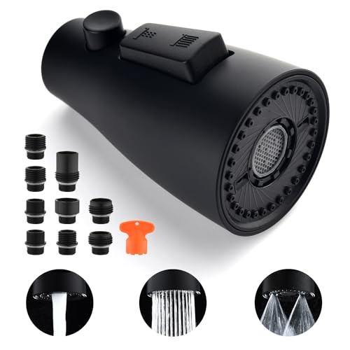 [Upgraded] GORDEE Kitchen Faucet Sprayer Head Replacement, 3-Function(Stream/Spray/Blade) Sprayer Spout Nozzle w/Check Valve, 1.8 GPM, 9 Adapters to Fit Most Standards of Faucets, Matte Black - color: N1 New 3-function Matte Black