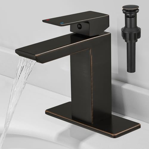 RUMOSE Bathroom Faucets 1 & 3 Hole Vanity Faucet with Drain Bronze | Single Handle Bathroom Sink Faucet Set Waterfall Spout Kit with Deck Plate Rv Lavatory Basin Faucet, Stainless Steel - color: Oil Rubbed Bronze