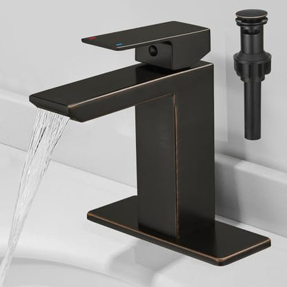 RUMOSE Bathroom Faucets 1 & 3 Hole Vanity Faucet with Drain Bronze | Single Handle Bathroom Sink Faucet Set Waterfall Spout Kit with Deck Plate Rv Lavatory Basin Faucet, Stainless Steel - color: Oil Rubbed Bronze