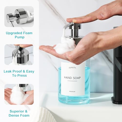 Foaming Soap Dispenser, 14.1 oz/400ml Foaming Hand Soap Dispenser, 2 Pack Glass Foaming Dispenser for Bathroom & Kitchen, Clear Refillable Liquid Dispenser Bottle with Waterproof Labels - color: Clear Bottle+silver Pump