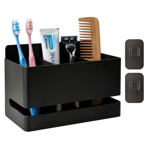 Black Aluminum Wall Mount Toothbrush Holder, 3 Slot No Drill Bathroom Organizer with Drain Holes, Holds Toothpaste Shaver Comb Multipurpose Household Storage Rack for Bathroom Kitchen Use