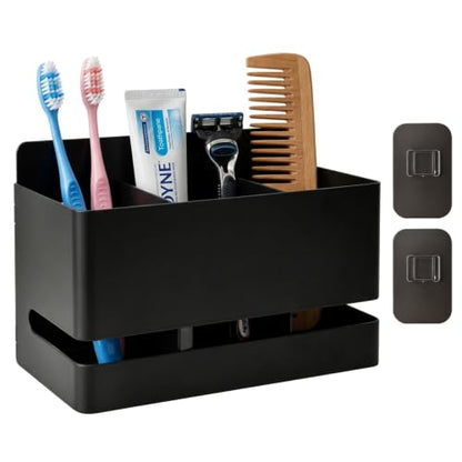 Black Aluminum Wall Mount Toothbrush Holder, 3 Slot No Drill Bathroom Organizer with Drain Holes, Holds Toothpaste Shaver Comb Multipurpose Household Storage Rack for Bathroom Kitchen Use