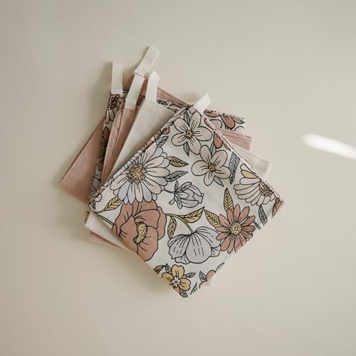 mushie Muslin Organic Cotton Washcloths 5-Pack (Retro Flowers Combo) | Soft Wipes for Baby Cleanups and Bathing - color: Retro Flowers Combo
