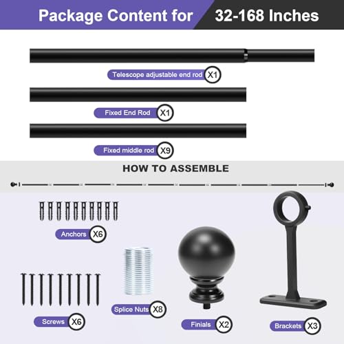 Heavy Duty 1 Inch Adjustable Curtain Rod for Windows & Room Dividers - Steel Construction, 50 lb Weight Capacity, Indoor/Outdoor Use, 30-168 Inch Matte Black - size: 30" - 168"