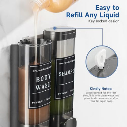 Shower Soap Dispenser Shampoo and Conditioner Dispenser 2 Chamber No Drill Wall-Mounted Shampoo Dispenser for Shower Wall Mounted Shower Dispenser for Bathroom Hotel Large Capacity,Dark Gray1 - color: Gun Gray 2 Chamber