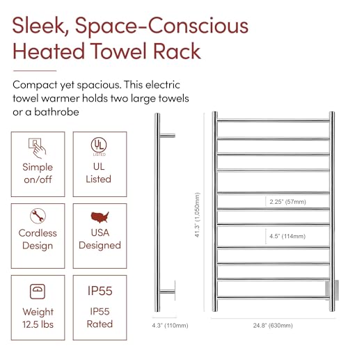 WarmlyYours Malta Heated Towel Rack, 11 Bars, Polished Steel - color: Polished Stainless Steel (11 Bars)