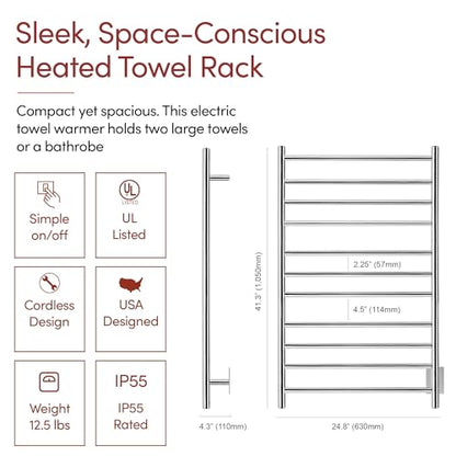 WarmlyYours Malta Heated Towel Rack, 11 Bars, Polished Steel - color: Polished Stainless Steel (11 Bars)
