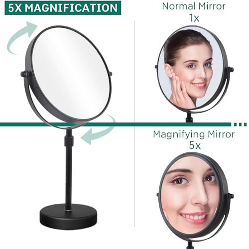 Nicesail Higher Taller Tabletop Makeup Mirror of 8 Inch, 5X Magnified Makeup Mirror Countertop Standing, Height Adjustable, Double Sided Mirror in Matte Black (8 Inch, 5X)… - color: No Light-black