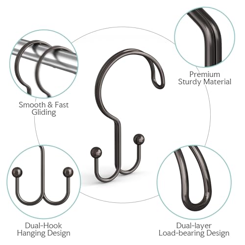 Bathway Bronze Shower Curtain Hooks Ring, 12 Pcs Double Sided Shower Hooks, Rust Proof Metal Shower Hooks for Bathroom, Anti-Drop Shower Rings for Shower Curtain & Liners - color: Bronze, style: Double-layer Shower Hooks