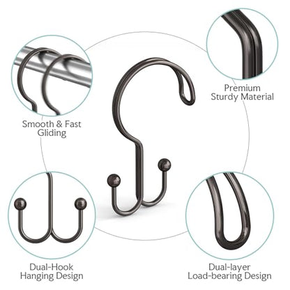 Bathway Bronze Shower Curtain Hooks Ring, 12 Pcs Double Sided Shower Hooks, Rust Proof Metal Shower Hooks for Bathroom, Anti-Drop Shower Rings for Shower Curtain & Liners - color: Bronze, style: Double-layer Shower Hooks