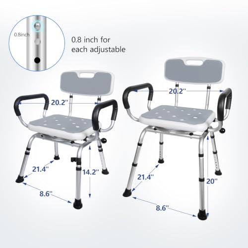 Swivel Shower Chair 500lbs Heavy Duty Adjustable Arms & Back 360° Rotating | SSlip-resistant Rubber Feet Easy-clean Tool-free Install Ergonomic Wide Seat Built-in Drainage Holes 5 Height Settings - size: Gray