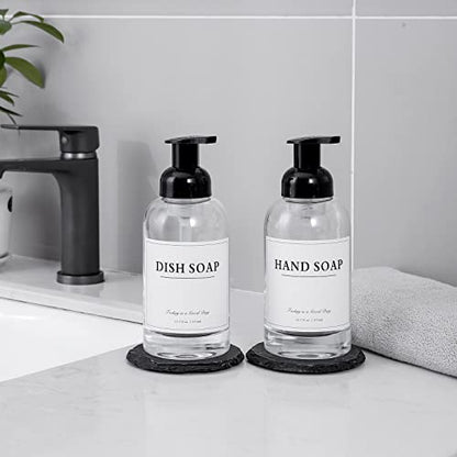 2 Pack Foaming Soap Dispenser, 12.7 Oz Thick Glass Pump, Clear Black | Refillable Foam Soap Bottles for Hand Soap and Body Wash, Ideal for Bathroom Countertop, Kitchen Sink and More - color: Clear
