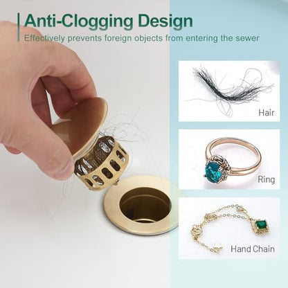 VOTON Bathroom Vessel Sink Pop Up Drain Without Overflow Assembly, Lavatory Vanity Sink Drain Stopper, Anti-Clogging Drain Strainer, Brushed Gold - color: Brushed Gold, size: Without Overflow