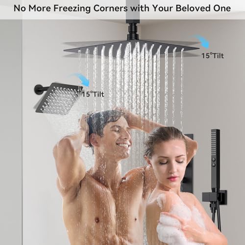 Shower Faucet Set,Thermostatic Shower System,12 Inch Ceiling Mounted and 6 Inch Wall Mount Rain Shower Head with 2 in 1 Handhled,High Pressure Dual Shower Head Combo Set Matte Black - color: Matte Black, size: 12"-1