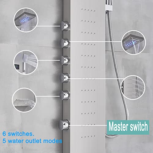 Split Shower Panel Tower System, Stainless Steel 5 in 1 Shower Column with LED Rainfall Waterfall Shower Head, Water Temperature Display and Body Jets,Brushed - color: Brushed