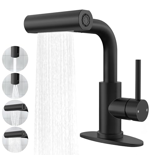 Matte Black Bathroom Sink Faucet with Pull Down Sprayer - 4 Mode Single Handle Vanity Faucet Waterfall Bathroom Faucet with Pull Down Sprayer (No Drain) - color: Black