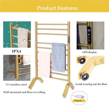 Heated Towel Rack Plug-in,Free Standing & Wall Mounted Dryer Rack Stainless Steel,Radiator 10 Bars Hot Towel Warmer with Built-in Timer,Gold - color: Gold