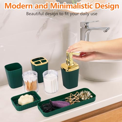 9 PCS DarkGreen Bathroom Accessories Set with Trash Can Bathroom Accessory | All-in-One Kit with Trash Can,Toothbrush Holder,Soap Dispenser,Toothbrush Cup,Vanity Tray,Soap Dish,Toilet Brush etc for Home - color: Darkgreen
