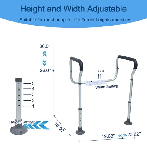 Toilet Handle Safety Rail for Senior, Aluminum Toilet Safety Frame | 250-lb. Capacity, Padded Armrests, 26" to 30" Adjustable Height, 19.7" to 24.6“ Adjustable Width