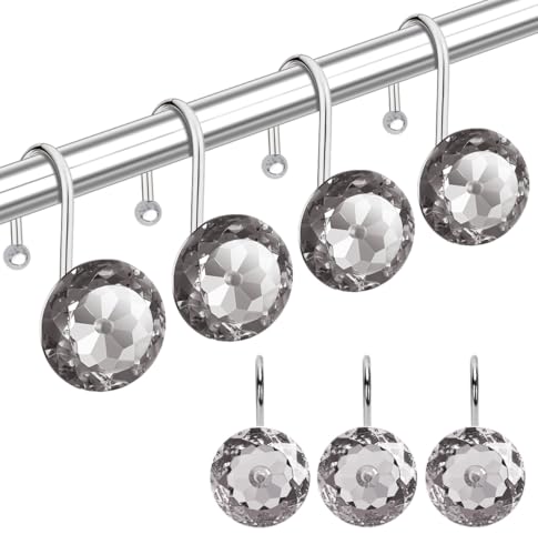 24PCS Shower Curtain Hooks Rings for Bathroom, Round Stainless Steel Rust Proof Crystal Rhinestones Bling Shower Curtain Rings Hangers for Shower Curtains Decorative, Clothing, Towels, etc. (Grey) - color: Grey, size: 24pcs