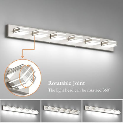 Ralbay 48inch Brushed Nickel Bathroom Vanity Light 6-Light Metal Acrylic Modern LED Bathroom Lighting Over Mirror - color: Brushed Nickel, size: 48 inch