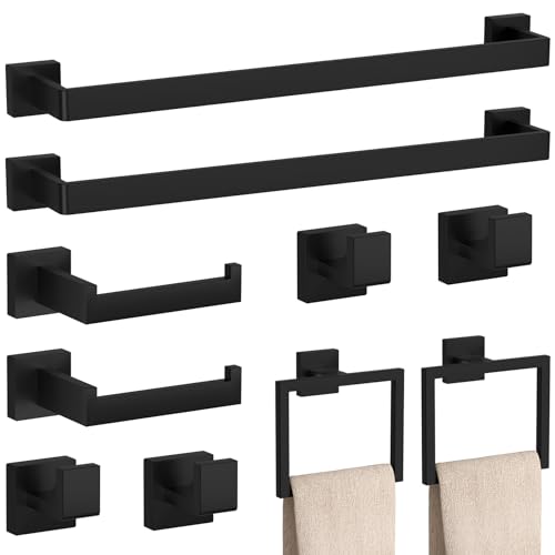 10-Pieces Matte Black Bathroom Accessories Set 23.6 Inch Towel Bar Set. | SUS 304 Stainless Steel Bathroom Hardware Set Towel Racks for Bathroom, Robe Towel Hooks, Toilet Paper Holder Wall Mounted. - color: Matte Black, size: 10 Piece