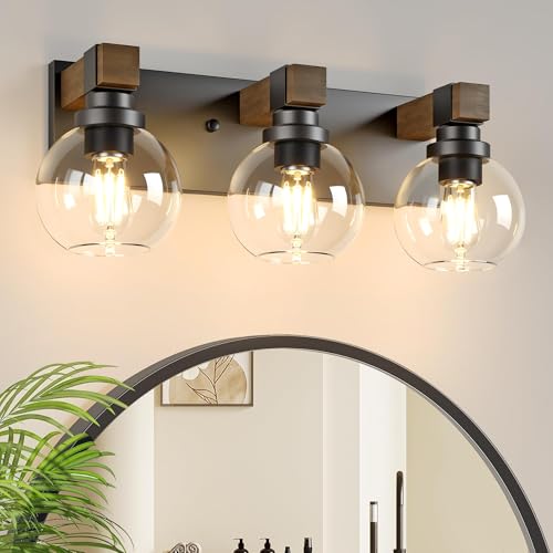 Farmhouse Bathroom Vanity Light Fixtures, 3-Light Wood Bathroom Light Fixtures Over Mirror, Rustic Vanity Lighting with Glass Shade for Living Room, Bedroom, Hallway - color: Black, size: 3 Lights